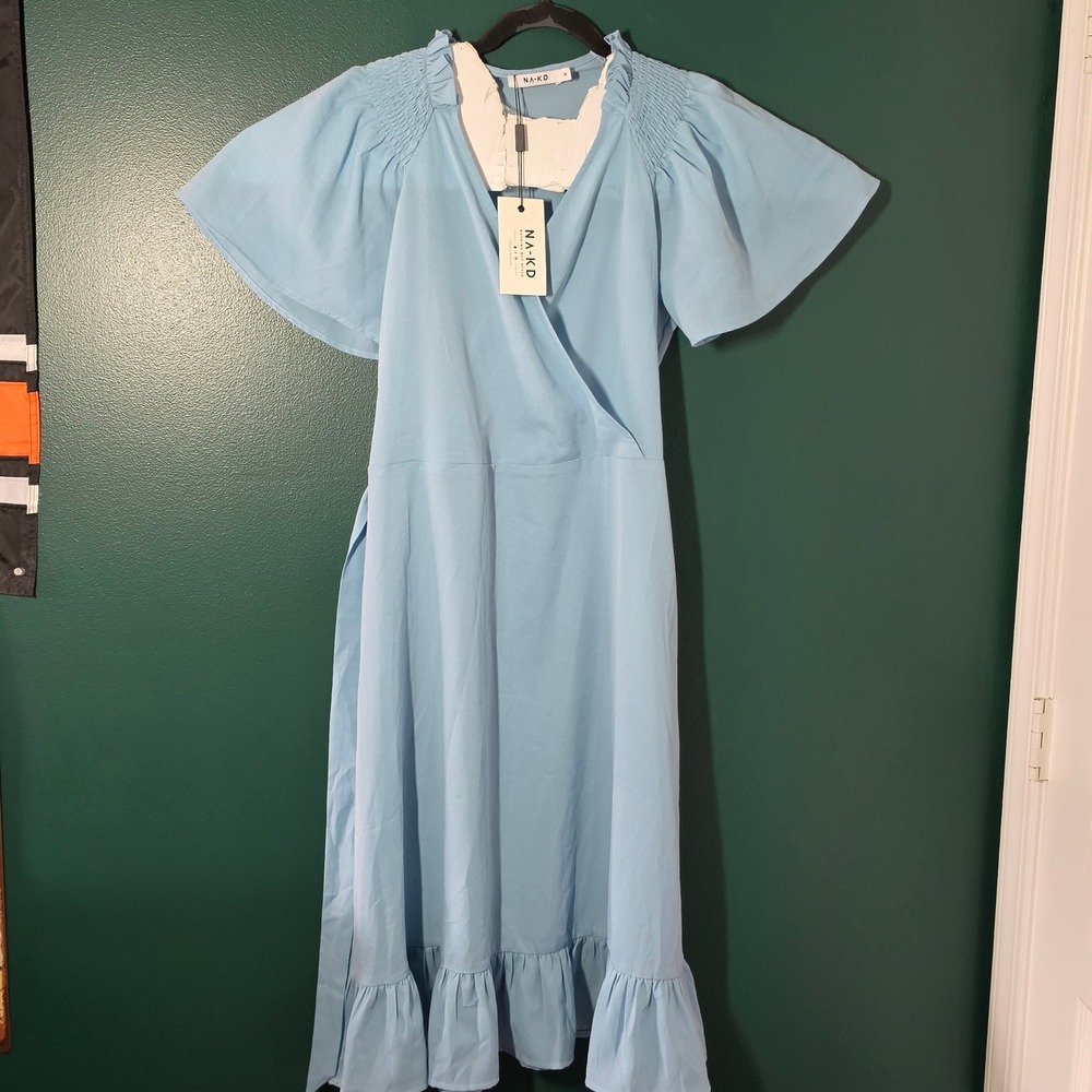 NA-KD Smocked Shoulder Belted Frill Dress Light Blue Wrap Midi EU 36 1014-000676
